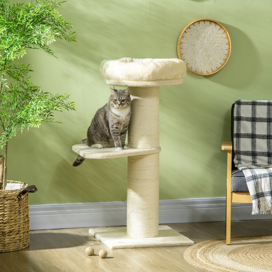 PawHut Katzenbaum Kratzbaum mit 2 Plattformen, Beobachtungskorb und Spielball aus Plüsch und natürlichem Sisal in Beige - Bild 2