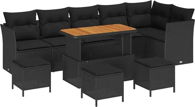 vidaXL Garten-Sofa-Set in U-Form aus Poly Rattan und Akazienholz mit Polstern, Schwarz - Bild 1