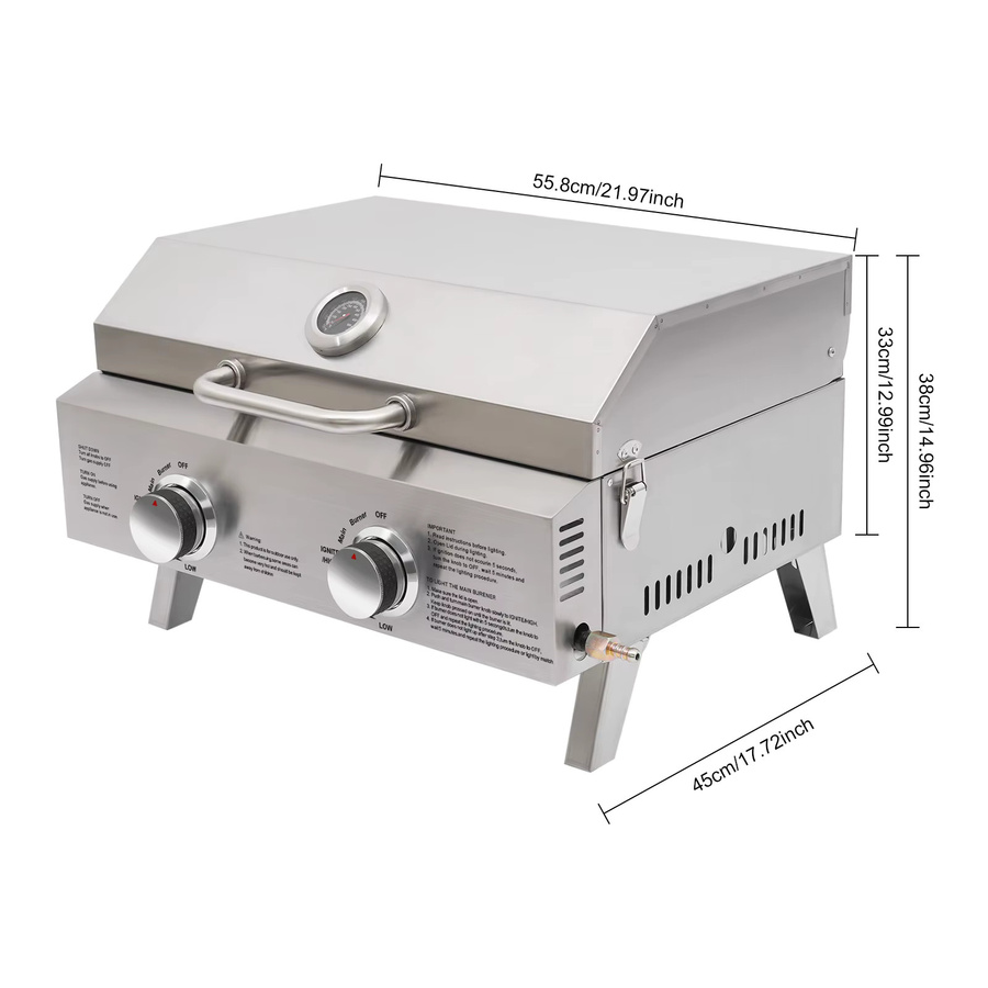 Bymaocar Tragbarer Tisch-Gasgrill aus Edelstahl mit Doppelbrennern und Thermometer, Farbe: Silber, B/T/H: 55,8 x 38 x 38 cm - Bild 2