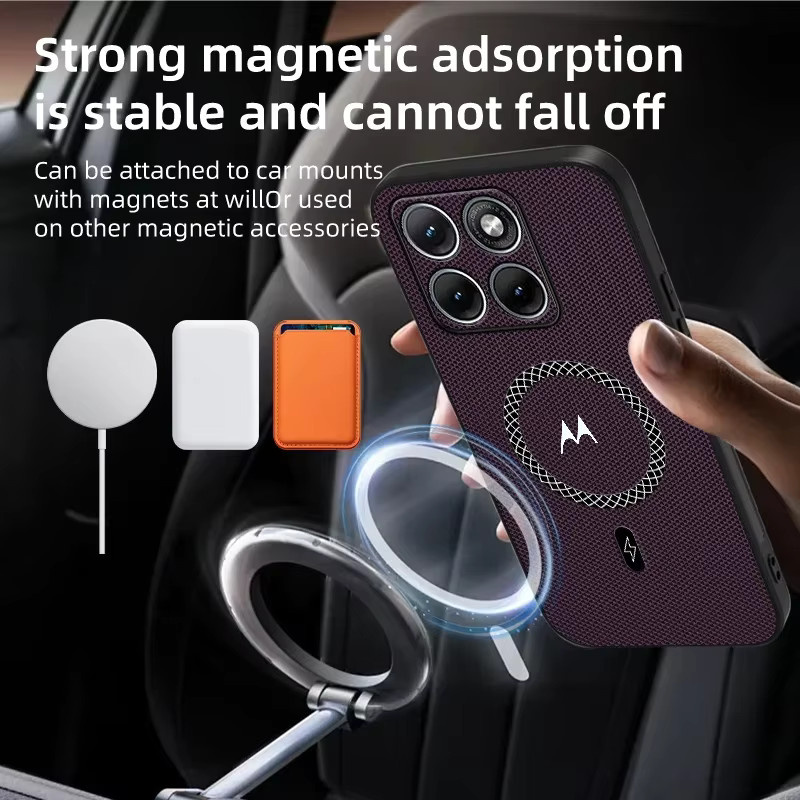 Luxuriöse Lederhülle mit Dreieckmuster und Magnetverschluss für Motorola Signature Edge 70Pro und Fusion 60 Pro in Schwarz, kompatibel mit MagSafe kabellosem Laden - Bild 2