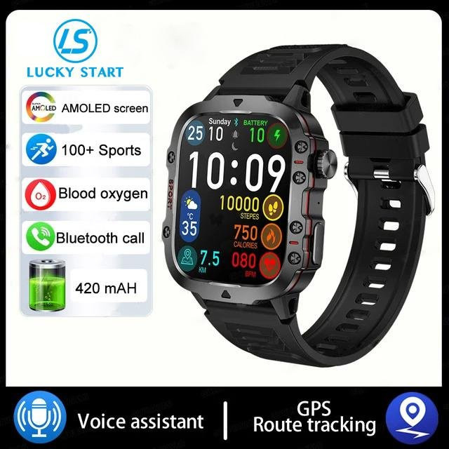 Lucky Start Ultra-AMOLED Smartwatch mit 1,96 Zoll Display, GPS-Tracking, Bluetooth-Anruffunktion und 420 mAh Akku, Schwarz - Bild 1