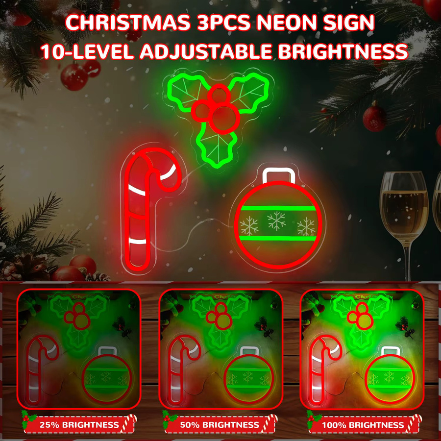 Dimmbares 3-teiliges Holly Berry Weihnachtskugel und Zuckerstangen Neonschild Set in Multicolour zur Wanddekoration - Bild 2