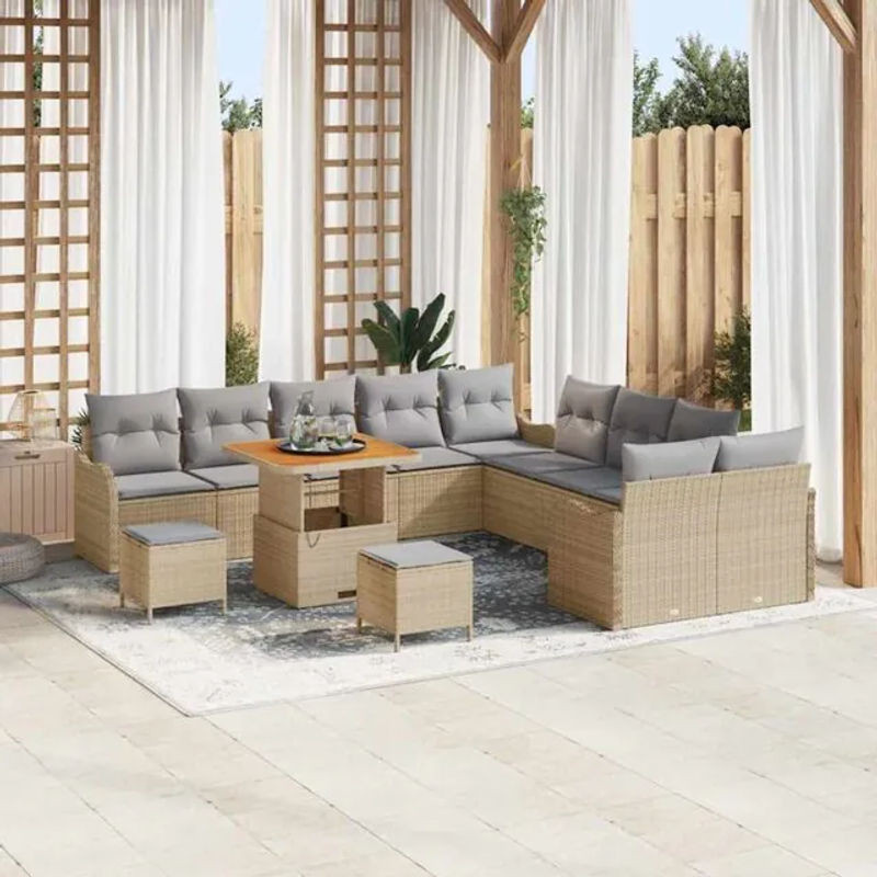 Vidaxl Garten-Sofa-Set aus Poly-Rattan und Massivholz in Beige, 13-teilig, modern - Bild 1