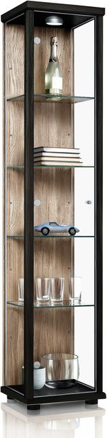 K-Möbel Glasvitrine stehend mit LED-Beleuchtung und 4 höhenverstellbaren Glasböden, Schwarz & Sonoma Eiche, H: 176 cm, B: 37 cm, T: 33 cm - Bild 1