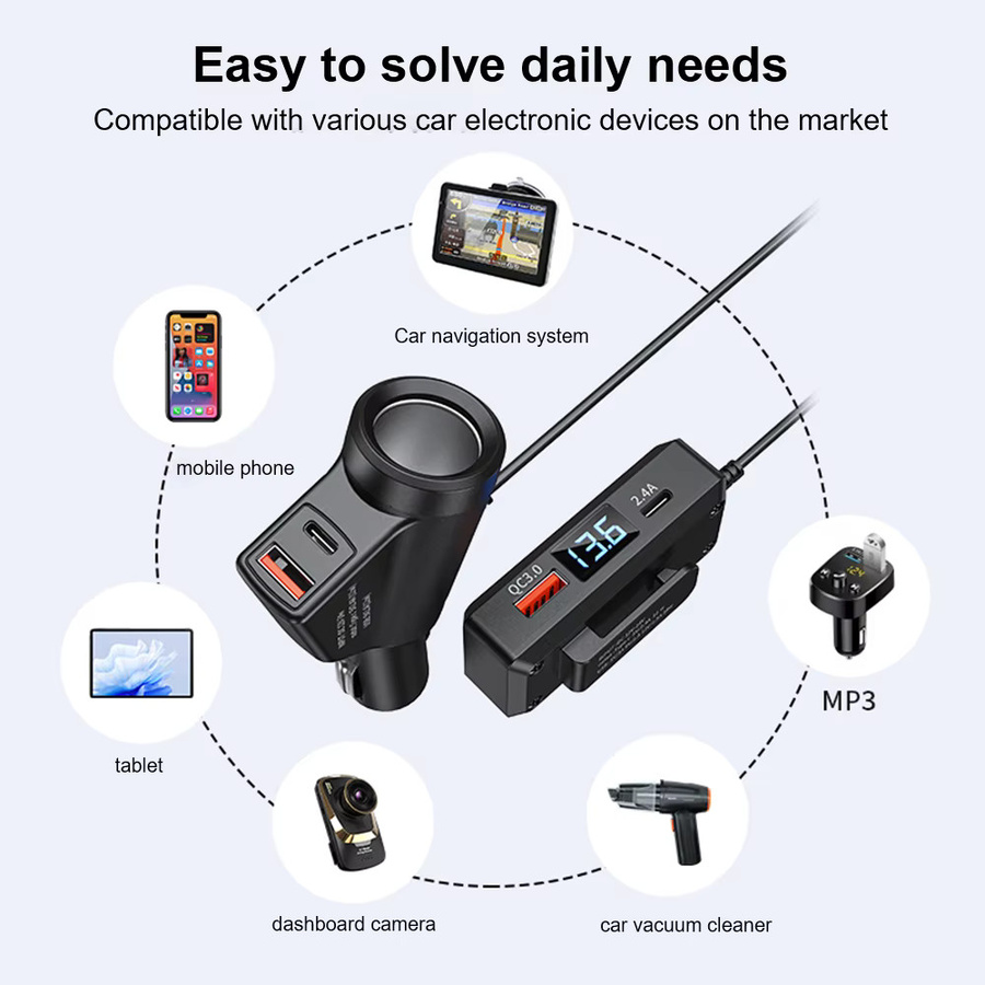 LEEPEE Multifunktionales Auto Ladegerät mit Digital Display und USB-C Schnellladefunktion QC3.0 + PD in Schwarz - Bild 3