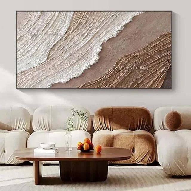 Abstraktes Ölgemälde Ozeanwellen in Erdton als handgemalte strukturierte Leinwandkunst im Wabi Sabi Stil - Bild 1