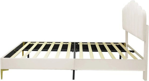 KOMHTOM Gepolstertes Doppelbett mit Kopfteil und Lattenrost in Beige mit Samtbezug B/T/H: 140 x 200 x 103,5 cm