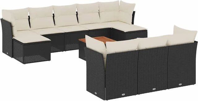 vidaXL 11-teilige Garten-Sofagarnitur in U-Form aus Polyrattan und Akazienholz mit Kissen in Schwarz-Creme - Bild 1