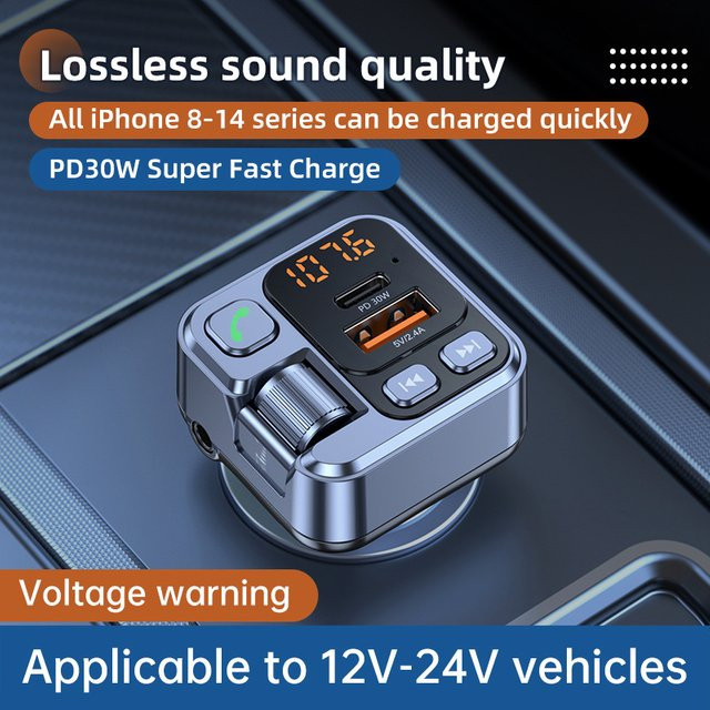 Korseed Auto FM-Transmitter mit Bluetooth-Empfänger, USB-Stick-Leser und PD30W Schnellladung sowie AUX-Audioeingang - Bild 1
