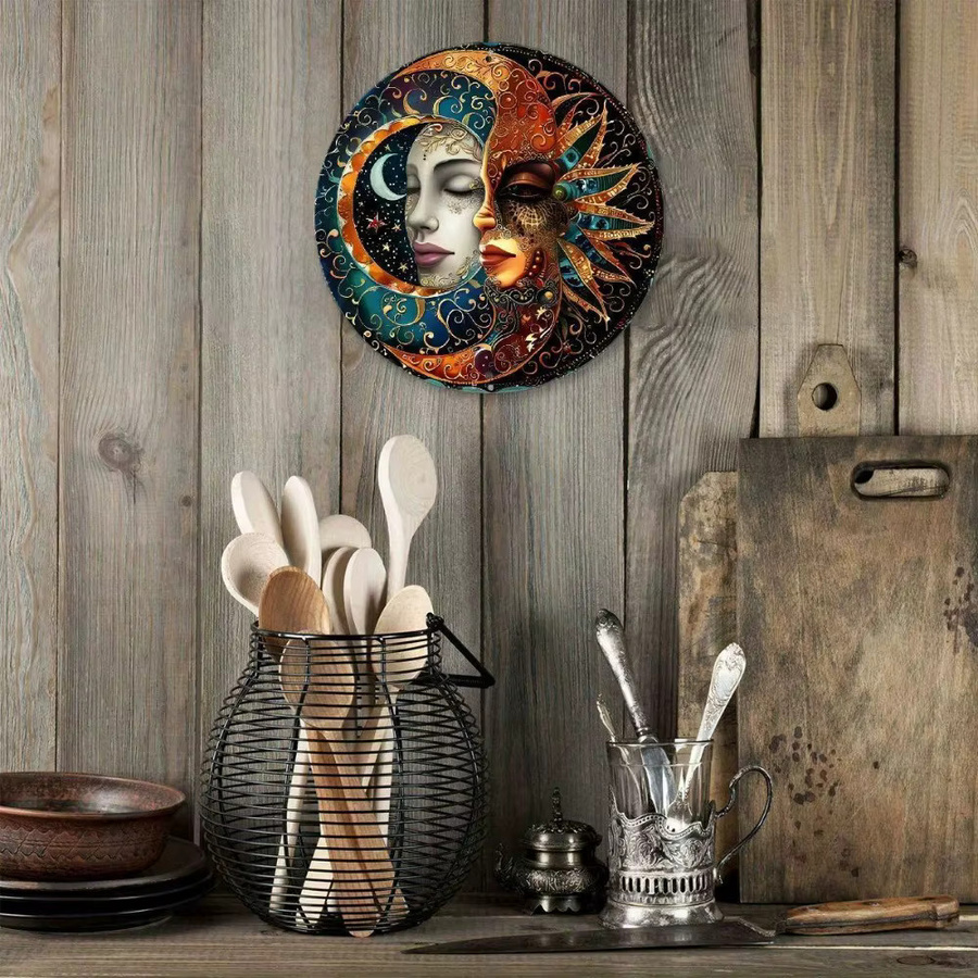 Runde Vintage-Wandkunst aus Metall von Potdemiel mit Sonne, Mond, Sternen und Vögeln in Multicolour, Boho-Design für Innen- und Außenbereiche, Durchmesser: 20 cm - Bild 5
