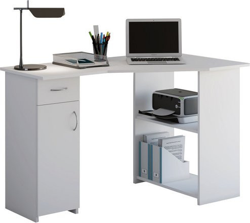 VCM Eck-Schreibtisch Linzia in Weiss mit Regalfächern und Schrank, B/T/H: 118 x 77 x 76 cm