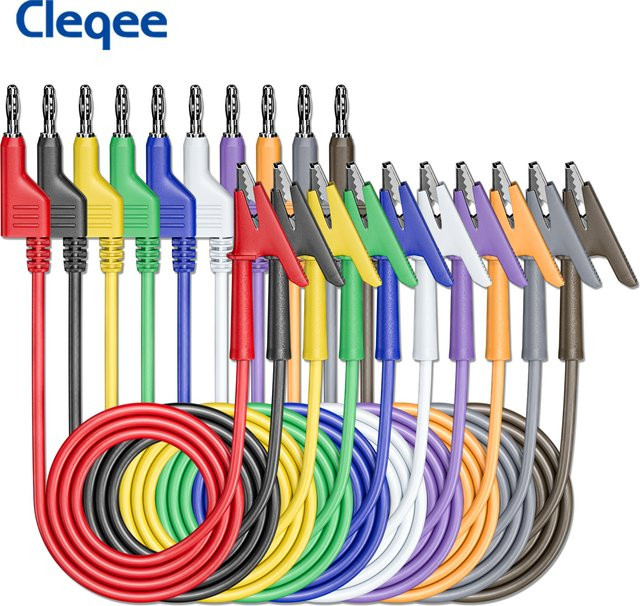 Cleqee P1037 Messleitung Set mit 10 Stück, 4 mm Bananenstecker und Krokodilklemmen, flexibles Kabel, Länge: 1 m - Bild 1