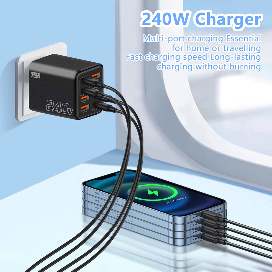 8-in-1 240W GaN USB-C Ladegerät Schwarz mit Schnellladefunktion für iPhone, Samsung und Xiaomi - Bild 4