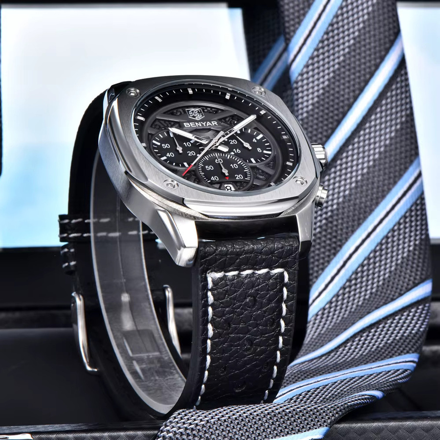BENYAR Chronograph, Quarz, Edelstahl, Leder, Schwarz, Herren - Bild 4