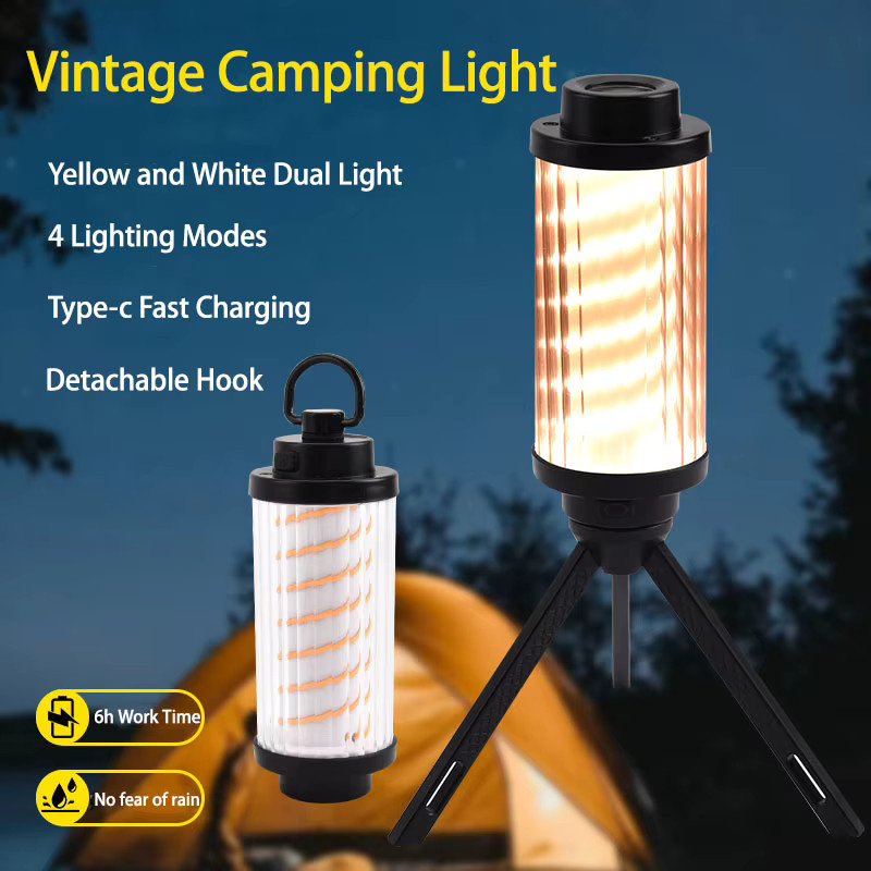 ESMARTER Retro LED Camping Lampe mit 2600mAh Akku, wiederaufladbare Taschenlampe in Weiß mit Haken für Outdoor und Zelt - Bild 2