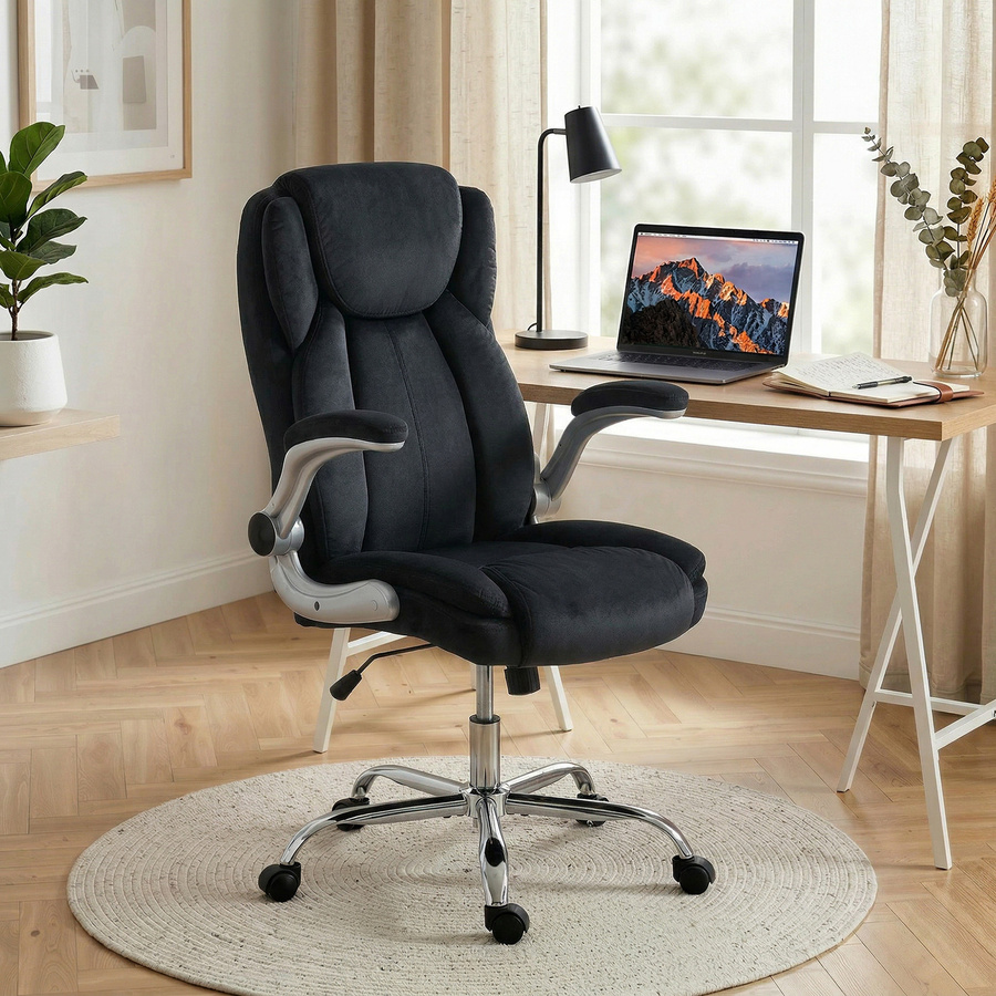 HOMCOM Ergonomischer Schreibtischstuhl mit Samtbezug in Schwarz, Bürostuhl mit hoher Rückenlehne, klappbaren Armlehnen und Wippfunktion für dein Home-Office, Aosom - Bild 2