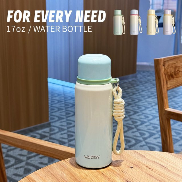 WATERSY Isolierte Wasserflasche aus Edelstahl mit Riemen und Deckel, 500 ml, Grün - Bild 1