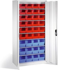 C+P Magazinschrank mit 26 Sichtlagerkästen in Lichtgrau, H: 198,0 cm, B: 100,0 cm, T: 42,0 cm - Bild 1
