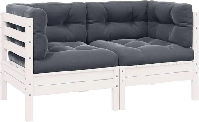 vidaXL Gartensofa 2-Sitzer aus massivem Kiefernholz mit Kissen in Weiß, B/T/H: 127,0 x 63,5 x 62,5 cm - Bild 1
