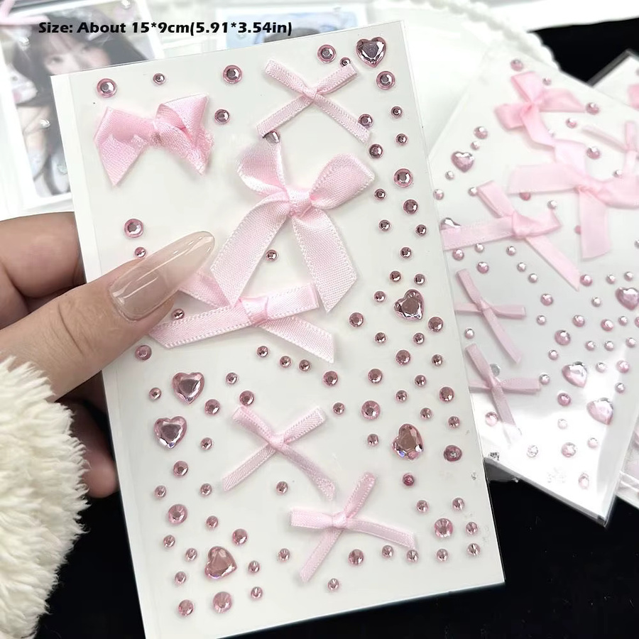 Rosa 3D Liebe Spitze Schleife Kristall Aufkleber mit Strass für DIY Foto Deko und Kpop Fotokarten - Bild 2