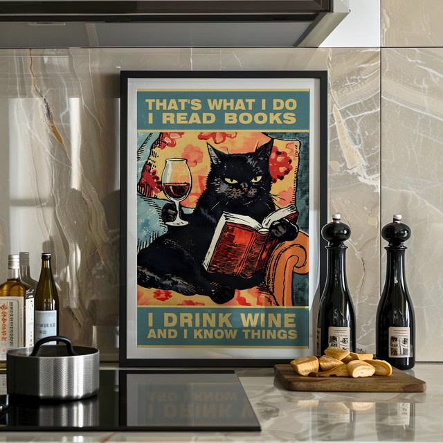 Vintage Wandkunst von SHENCHEN mit schwarzer Katze, Buch und Wein in Typografie-Design als Poster oder Leinwanddruck - Bild 1