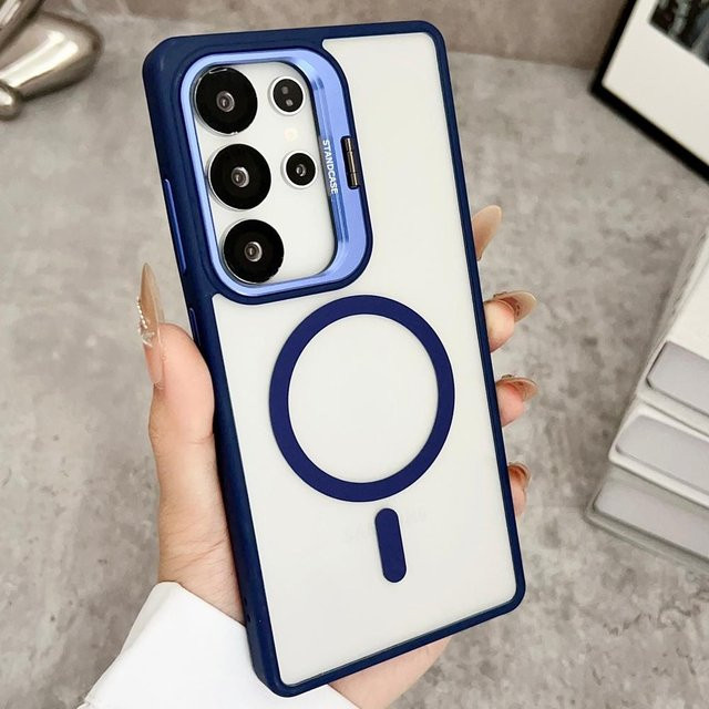Magnetische Magsafe Hülle mit Metallring Objektivständer für Samsung Galaxy S25 Ultra S24 Plus S23 FE S22 A56 A36 A06 A15 in Navy Blau und Transparent - Bild 1