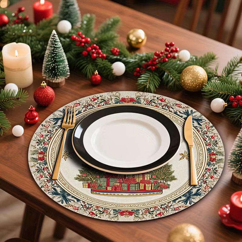 VIKAMA 4-teiliges Weihnachts-Tischset Set mit Blumenmuster, Weihnachtsbaum und Schleifen für deine Tischdekoration - Bild 3