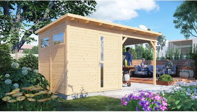 Bertilo Gartenhaus Pentus 2 Lounge in Natur mit modernem Design und Flachdach, B/T: 447 x 234 cm - Bild 1