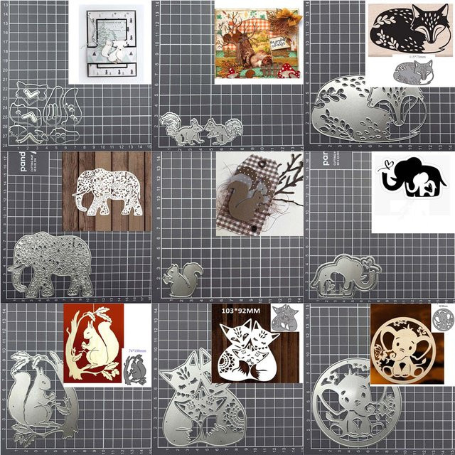 Metall-Schneidform für Scrapbooking und Bastelarbeiten mit Tier-Motiven Eichhörnchen Fuchs und Elefant in Silber - Bild 1