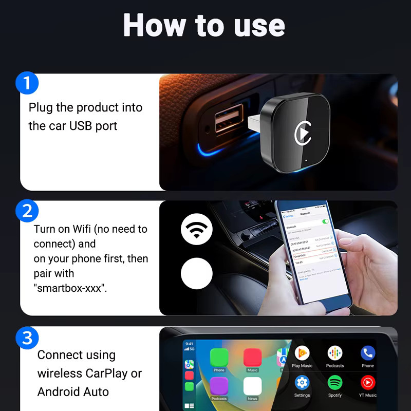 XUDA 2in1 Wireless CarPlay und Android Auto Adapter mit 5GHz WiFi Smart Dongle in Schwarz oder Grau für Volvo, Benz, Audi, Kia, Hyundai, VW, Mazda, Cadillac und Peugeot - Bild 3