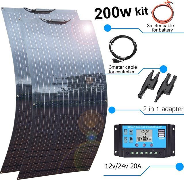xinpuguang Solarpanel-Starter-Kit 200W mit 2 Stück 100W Monokristallinen Modulen und 20A Laderegler 12V in Schwarz für Wohnmobile, Boote und Camping - Bild 1