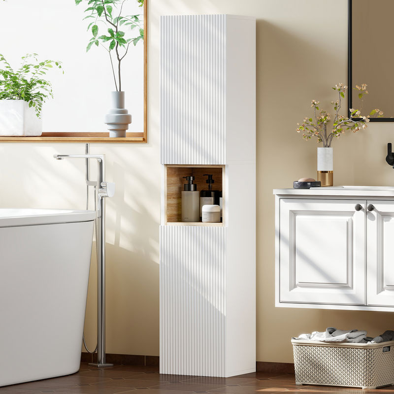HOMCOM Badezimmerschrank mit 2 Türen und offenem Fach in Weiß und Holzton, B/T/H: 30 x 24 x 140 cm - Bild 2