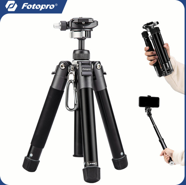Fotopro Reisestativ mit Telefonhalterung und abnehmbarem Selfie-Stick, 152 cm, Schwarz/Grau - Bild 1