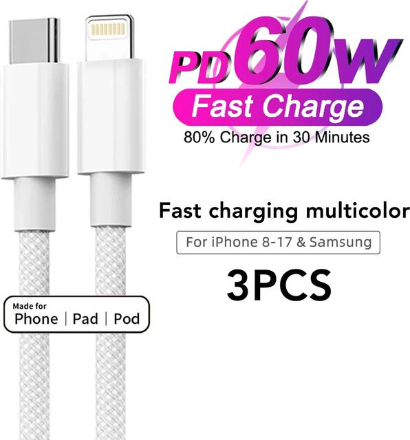 Setolgh USB-C auf Typ-C Schnellladekabel mit 60W Power Delivery, geflochtenes Nylon, Multicolor, für iPhone und Samsung mit Datensynchronisation - Bild 1