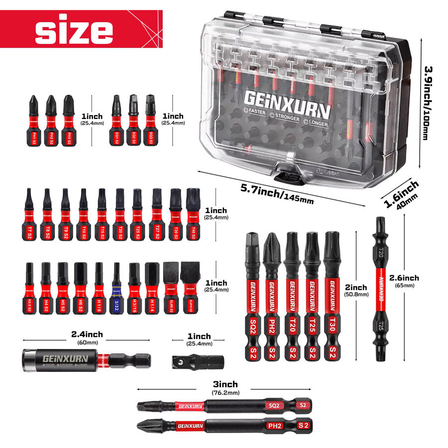 Geinxurn 83-teiliges Schlag-Magnetschrauber-Bit-Set aus S2-Stahl mit PH, Schlitz, Torx, Hex und SQ Bits sowie Steckdosenadaptern im schwarzen Aufbewahrungskoffer - Bild 2