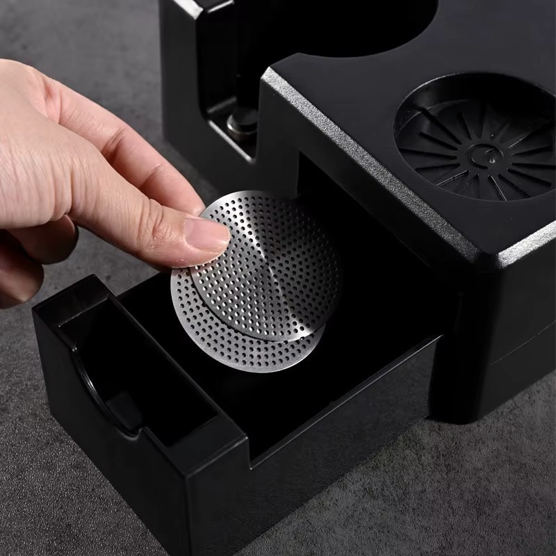 Kanone Espresso Tamper Station aus ABS mit Schublade und Siebträger Halter in Schwarz, passend für 51-58mm Tampers - Bild 3
