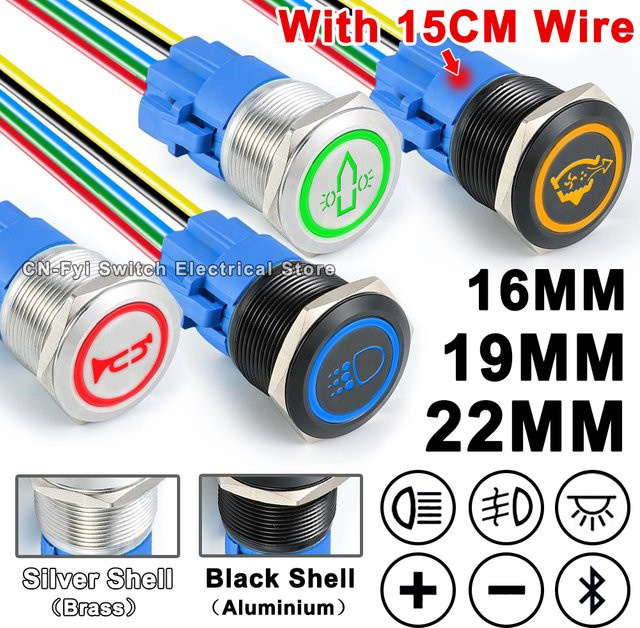 FENGYIELE Metall-Drucktastenschalter mit Sockel und LED-Licht, wasserdicht, 12V, für Auto und Boot, erhältlich in 16mm, 19mm oder 22mm - Bild 1