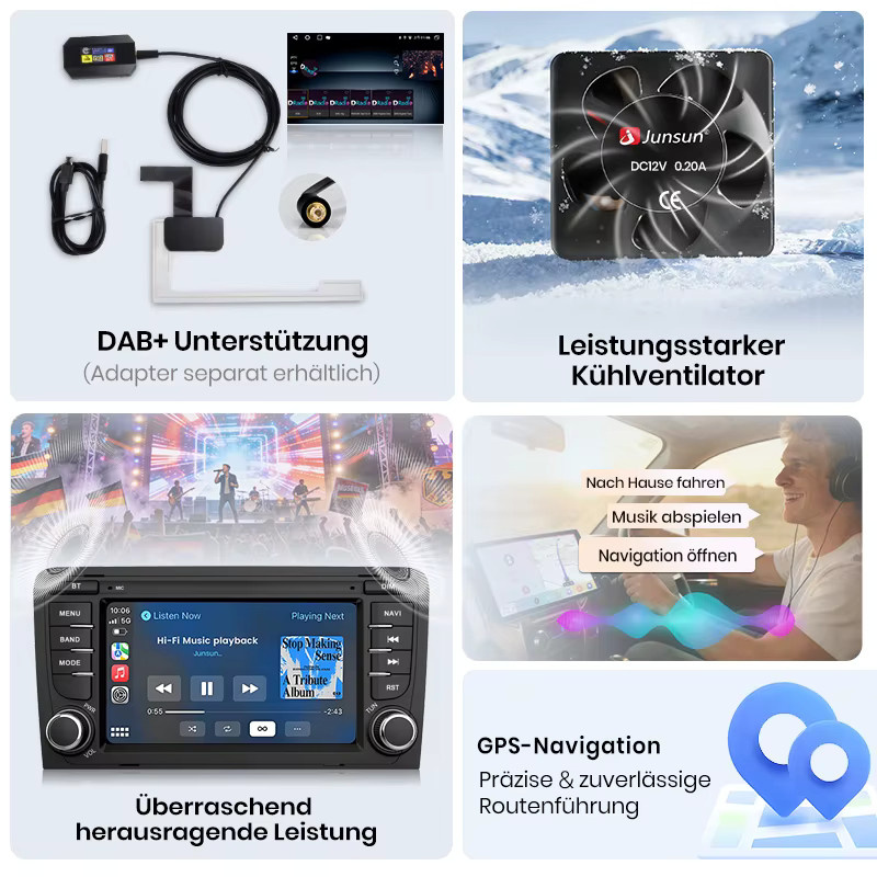 Junsun Android 15 Autoradio für Audi A3 8P S3 2003-2012 mit 7 Zoll IPS-Touchscreen, kabelloses Apple CarPlay und Bluetooth in Schwarz - Bild 2
