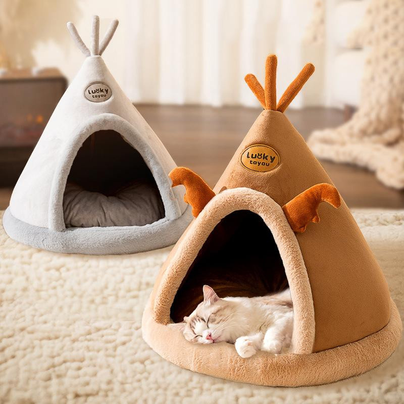 Gemütliches Weihnachts-Zelt für Hunde und Katzen als weiche Schlafhütte in Grau aus Baumwolle und Korallensamt, Waschbares Haustier-Nest für kleine und mittlere Tiere - Bild 1