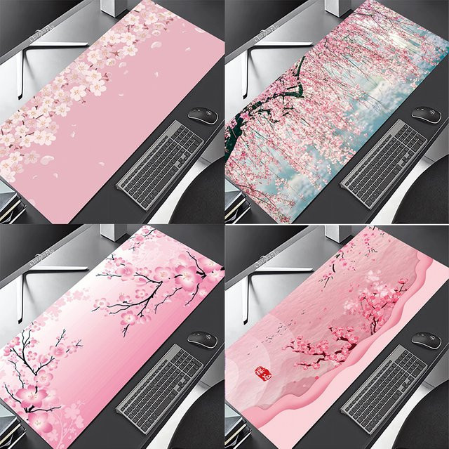 Potdemiel Mauspad Kirschblüte in Pastellrosa mit Sakura-Blumen Design als XXL Gaming-Schreibtischunterlage - Bild 1