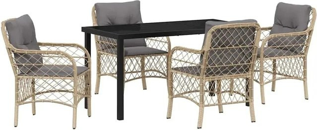vidaXL Garten Essgruppe 5-teilig aus Polyrattan und Metall in Beige mit Kissen und Glastisch - Bild 1
