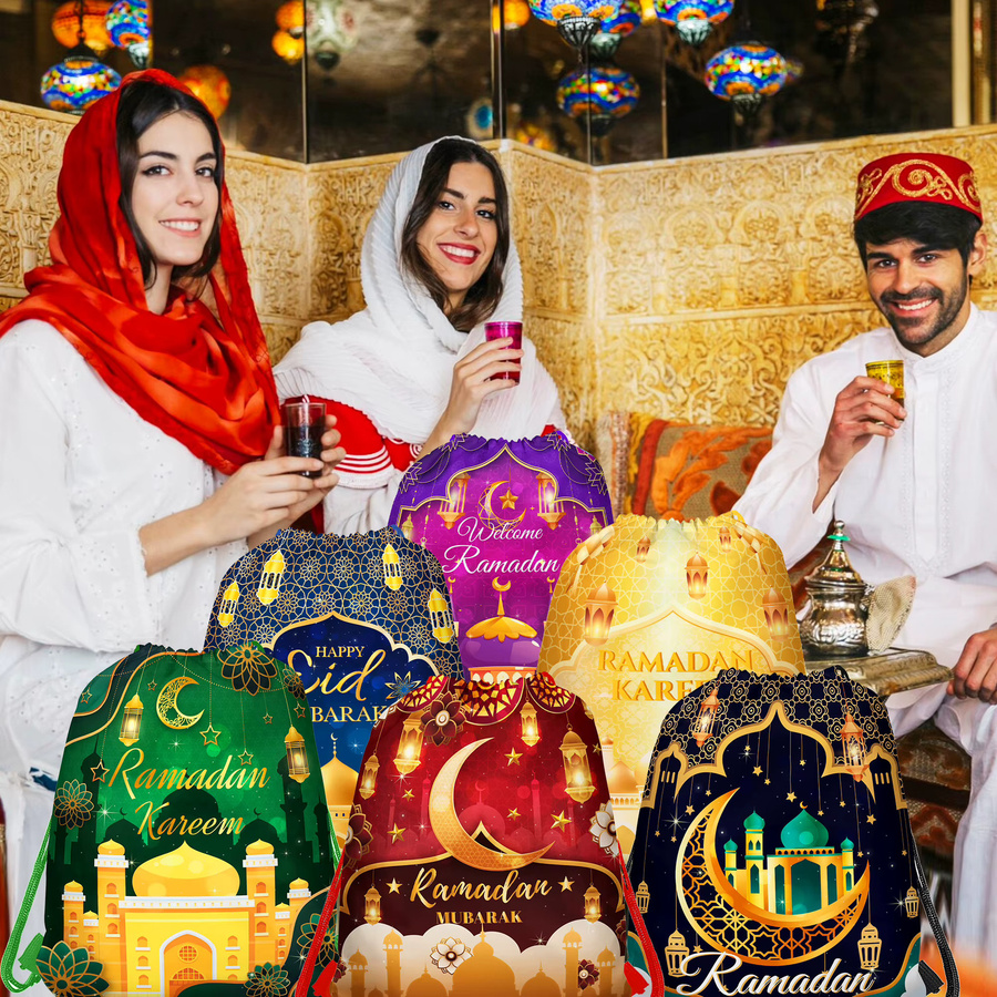 Eid Mubarak Vlies Geschenkbeutel mit Kordelzug für Ramadan und muslimische Feierlichkeiten in Lila und Mehrfarbig (5 oder 10 Stück) - Bild 4