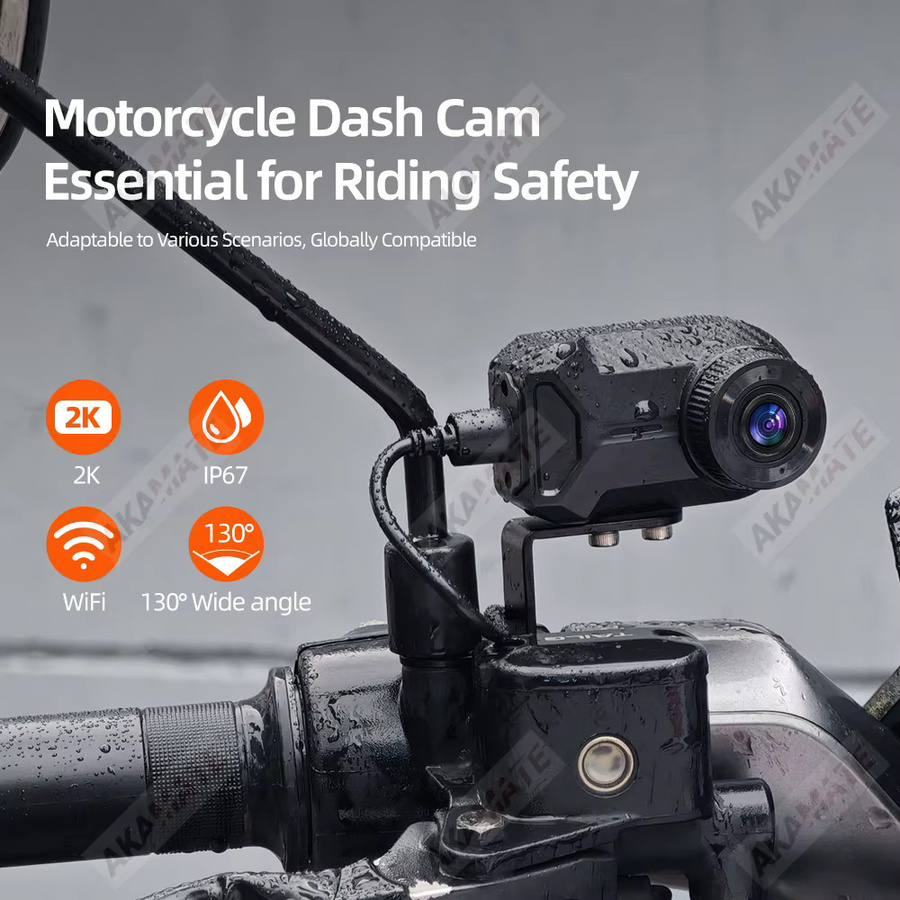 AKAMATE 2K HD Motorrad Dash Cam mit WiFi, IP67 wasserdicht, 130 Grad Weitwinkel und Loop-Aufnahme, Schwarz - Bild 2