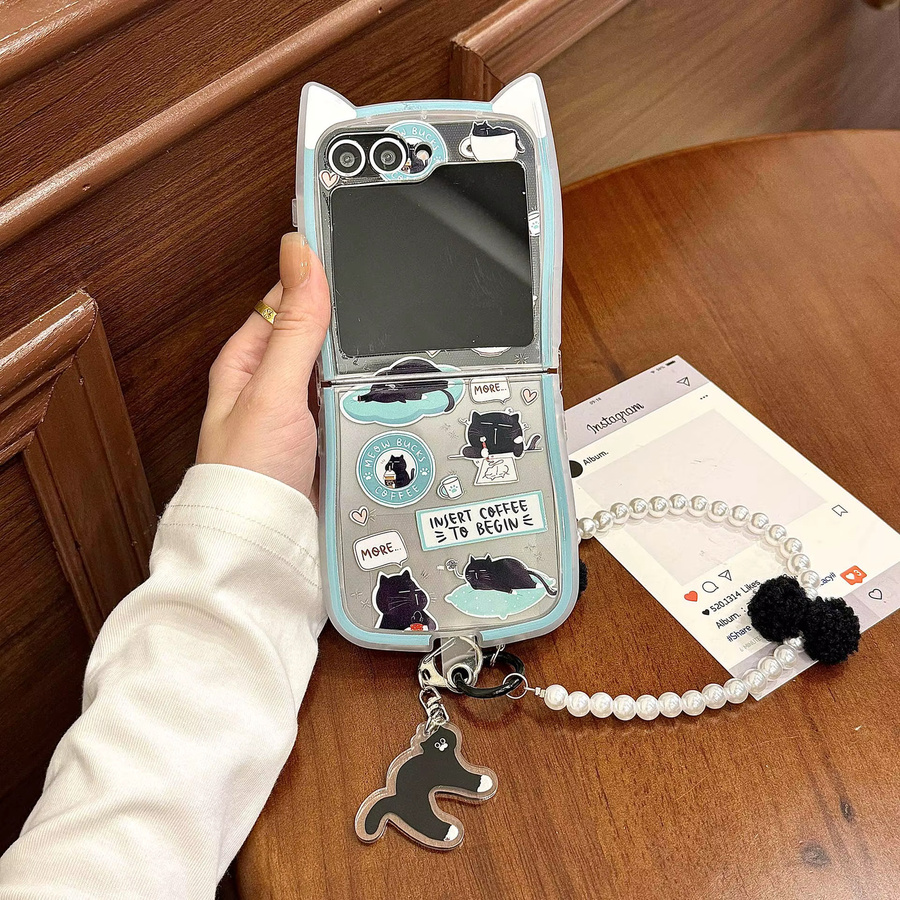 JINHR Handyhülle mit süßem Katzenohren-Cartoon Design für Samsung Galaxy Z Flip6, Z Flip5, Z Flip4 und Z Flip3 in Schwarz inklusive Lanyard - Bild 2