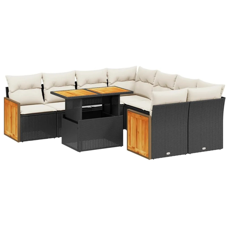 vidaXL 9-teilige Garten-Sofagarnitur aus Poly-Rattan und Akazienholz in Schwarz mit Kissen - Bild 2