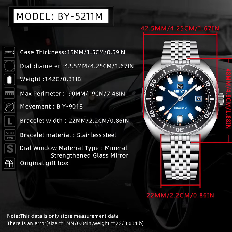 BENYAR Armbanduhr Automatik, Edelstahl, 42 mm, Herren, Blau - Bild 2
