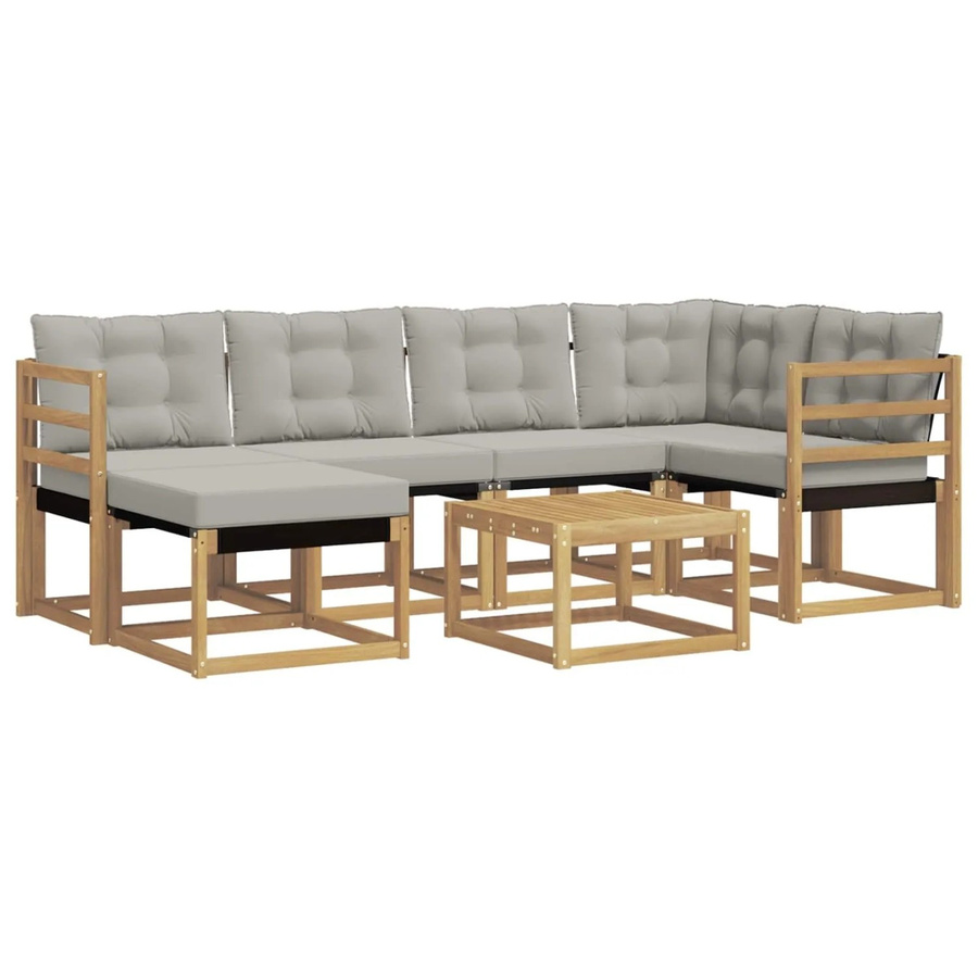 vidaXL Outdoor-Sofagarnitur in L-Form aus Akazienholz und Textilene mit Kissen, 7-teilig, Weiß-hellgrau - Bild 2