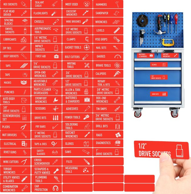 90 Stück magnetische Werkzeugkasten-Etiketten in Rot zur Organisation von Werkzeugkästen und Schubladen - Bild 1