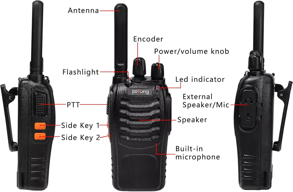 Pofung PT88E Walkie Talkie Set 4 Stück, PMR446 Lizenzfreies Zwei-Wege-Radio mit 16 Kanälen, Farbe: Schwarz, inklusive USB-Ladegerät und Ohrhörern - Bild 3