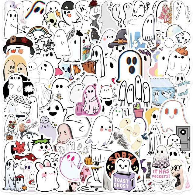 100 Stück MRJIAANGSON Halloween Geist Aufkleber, wasserfeste Cartoon Graffiti Sticker in Multicolour für Laptop, Telefon und DIY-Projekte - Bild 1